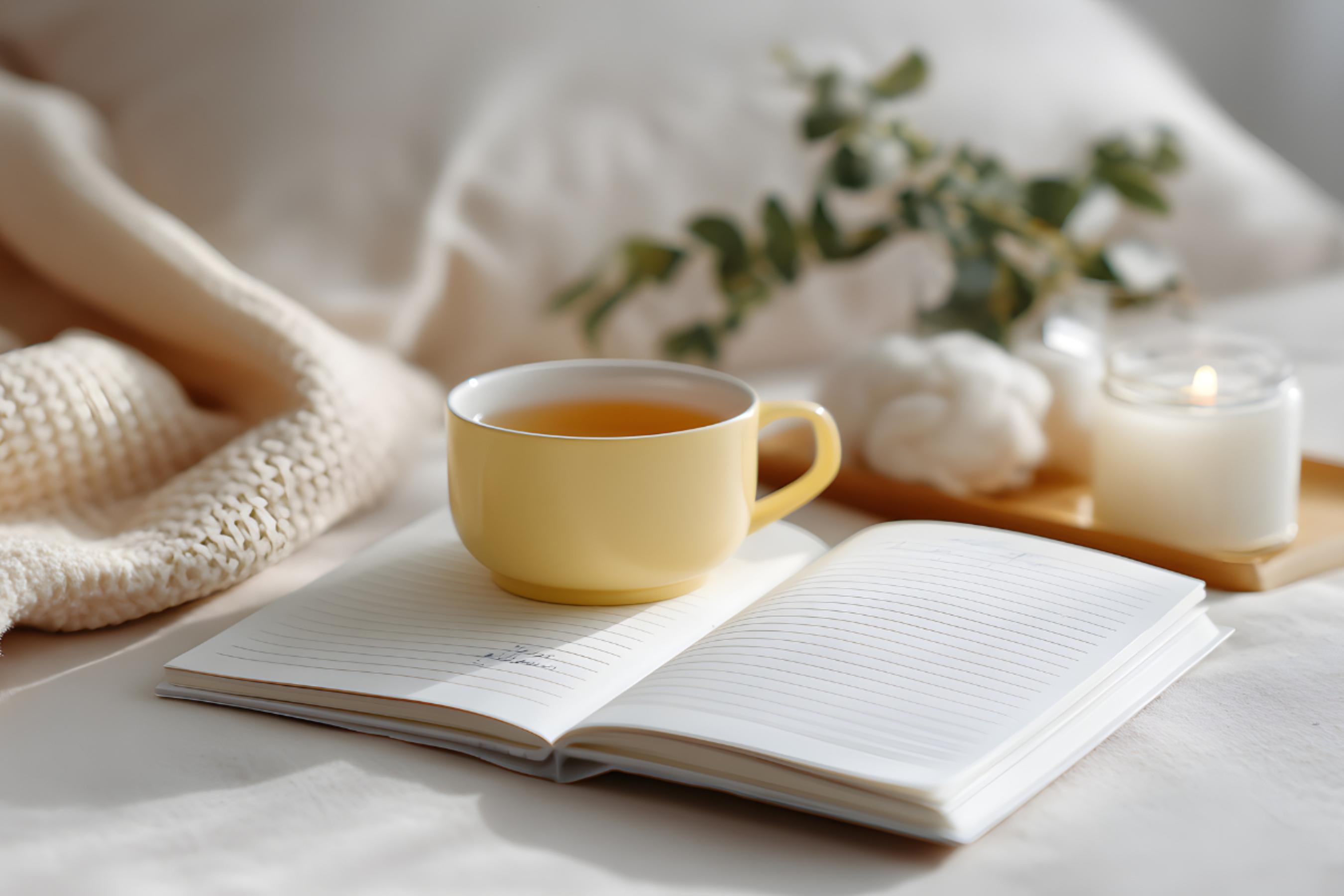 A calming self-care setup with a journal and candle, representing gentle year-end reflection