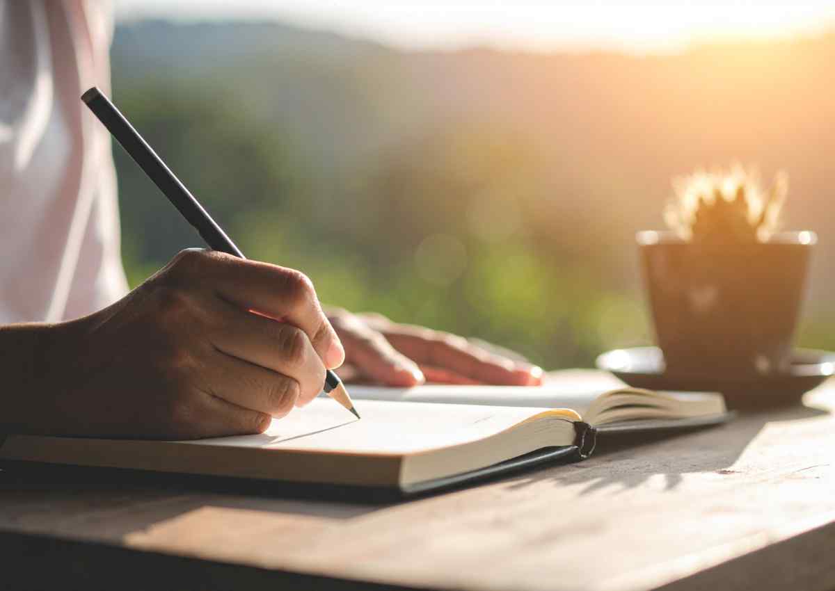 A person writing in a journal at a desk in warm, natural light, creating a calm and reflective atmosphere