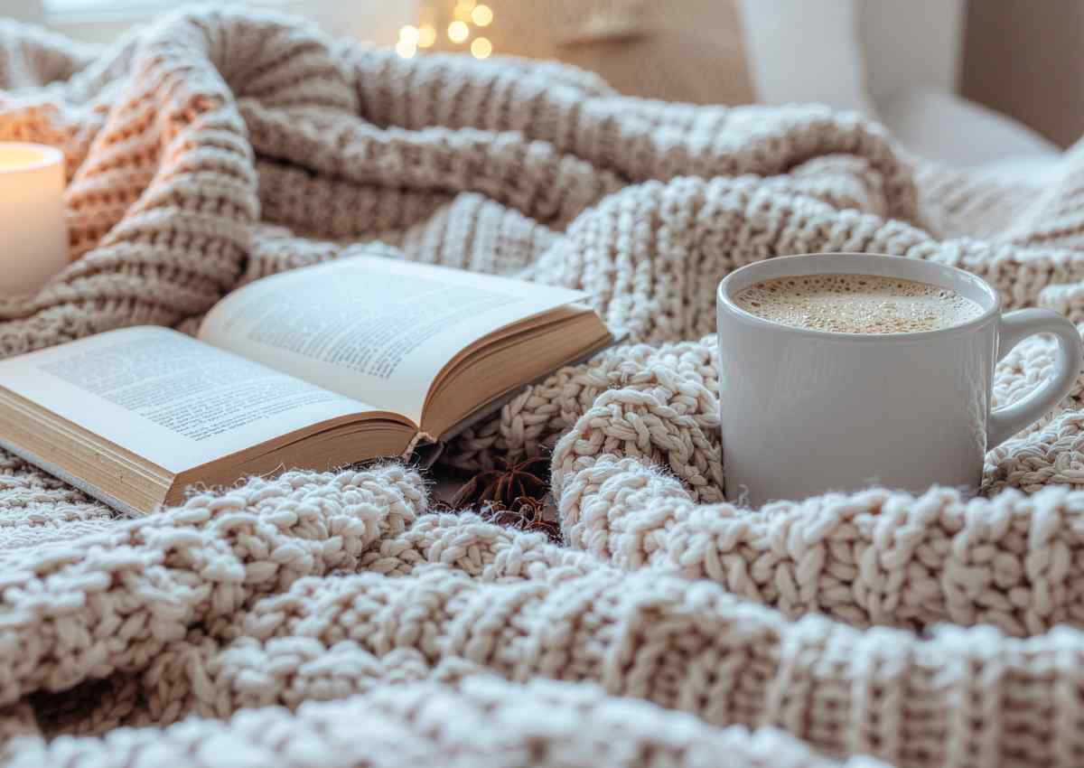 A calm winter scene showing a cosy indoor setting with a warm drink, a book and soft natural light, reflecting rest, reflection and a gentle start to the year
