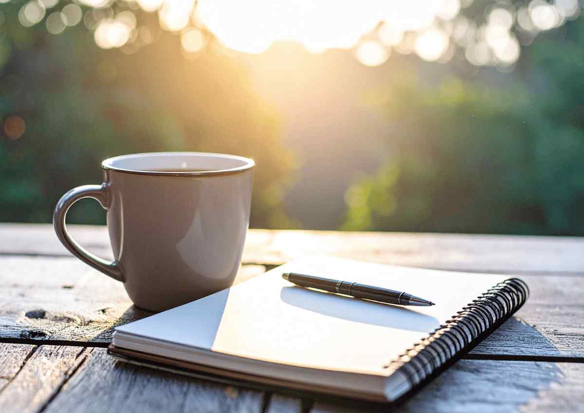 Notebook, pen and coffee on a table representing planning and strategy during a business coaching session.